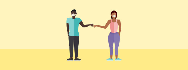 Fist bump greeting concept vector of a man and a woman with masks with copy space for COVID-19 coronavirus prevention