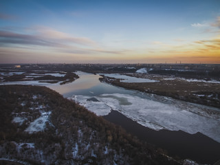 ice drift on a river on a warm spring evening