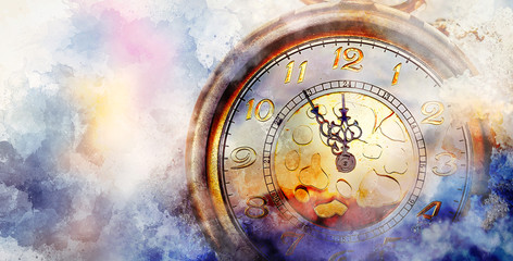 Clock showing five minutes to twelve. Time to stop and realize the values of life and painting effect.