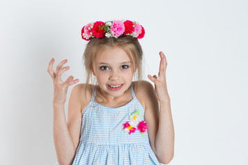 Close up portrait puzzled frustrated girl hands in air.