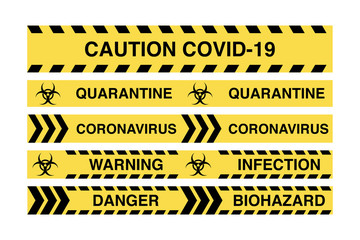 Fototapeta premium Warning coronavirus quarantine yellow and black striped tapes isolated on white background. Vector seamless design elements set.