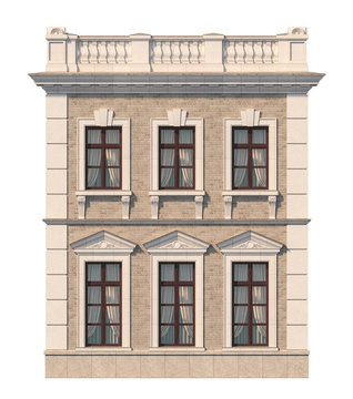 Facade of a two-story classic house with windows. 3D rendering