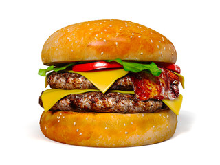 Big tasty hamburger isolated on a white background, 3D illustration. 
