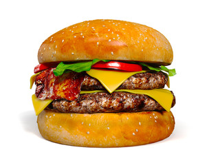 Big tasty hamburger isolated on a white background, 3D illustration. 