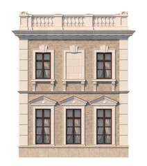 Facade of a two-story classic house with windows. 3D rendering