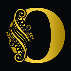 Gold letter O. Vintage golden flower ornament initial letters.  Alphabet. Logo vector 