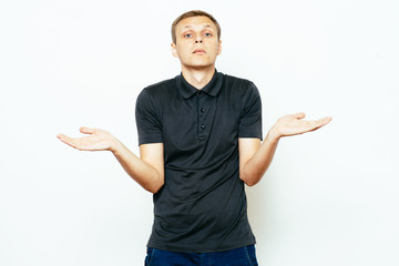 man throws up his hands