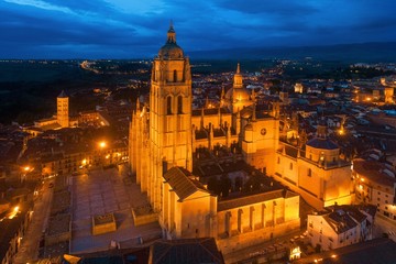 Segovia Cathedral aerial view at night