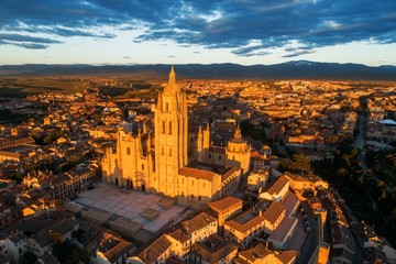 Segovia Cathedral aerial view sunrise