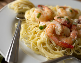 Shrimp scampi and angel hair pasta. 