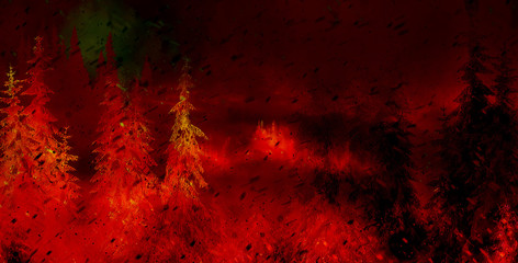 burning spruce forest and painting effect. ecology concept.