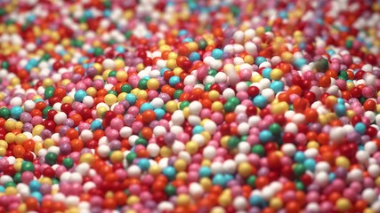 Fototapeta na wymiar Colorful sprinkles sugar candy fall on table. multi-colored dragee fall into anothe multicolored balls. Red blue green yellow white orange.