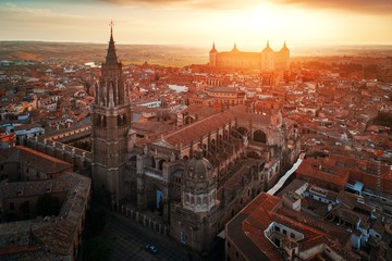 Fototapeta premium Aerial view of Toledo Cathedral sunset
