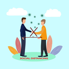 Social distances, keep your distance in a public place to protect yourself from the COVID-19 coronavirus. Man and woman stay at a distance. Vector flat illustration on a white background.