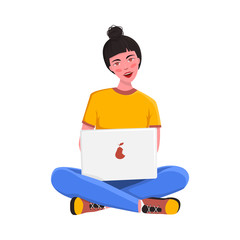  Girl sitting with a laptop. It symbolizes work at home, work on the Internet, quarantine, freelance. Vector isolated character illustration. Remote work on a computer