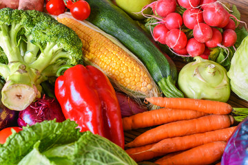 Composition with assorted raw fresh mix vegetables. Variety vegetable top view background.