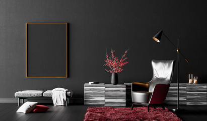 Modern interior design of black living room, 3d Render 3d illustration