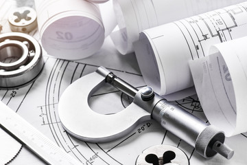 Technical drawings with measure tools. Pencil, measurement. Papers with technical drawings and...