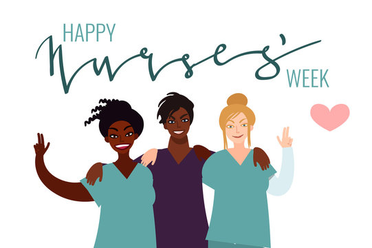 Nurse Week Celebration Card. Cartoon Characters Of Male And Female Person Standing. Vector Art In Minimal Style.