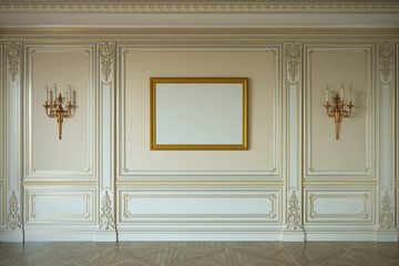 Classic interior with wooden wall panels. 3d rendering.