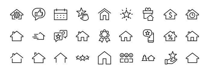 Simple set of line vector home icons. Contains house symbols at interest, infuse house and more. Editable stroke. 480x480 pixels perfect