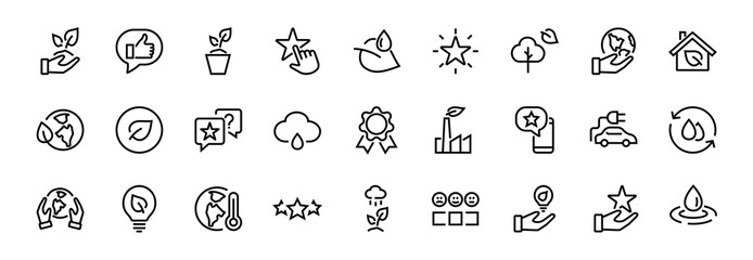 The set of ECOLOGY icons, vector lines, contains such icons as an electric car, global warming, forest, eco, watering plants, a plant and much more. Editable stroke, white background