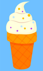 Ice-cream parlor logotype of restaurant, colorful balls of frozen cream in waffle cone. Cold dessert label on white, dessert shop sticker, business vector. Flat cartoon