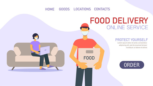 Food delivery online service banner template. Young woman with madical mask sitting home with laptop. Quarantine or self-isolation. Trendy flat vector illustration, landing page