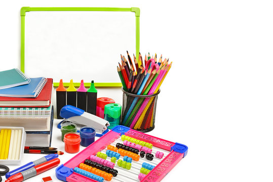 School and office supplies isolated on a white background. Free space for text. Wide photo .
