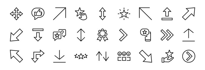 Set of line arrows, directions, arrows, contains icons such as pause, continuation, directly, to the right, Editable stroke. 480x480, On a white background, Vector illustration