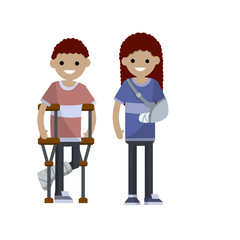 Man and woman with broken arm and leg. Cartoon flat illustration. Illness and injury. Bandage, crutch. medical healthcare. Young boy and girl