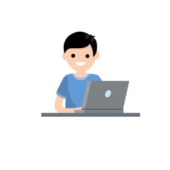 Man with laptop. Work at computer. Smiling happy man in blue t-shirt. Study and education. Cartoon flat illustration. Student at school