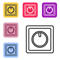 Black line Electric light switch icon isolated on white background. On and Off icon. Dimmer light switch sign. Concept of energy saving. Set icons in color square buttons. Vector Illustration
