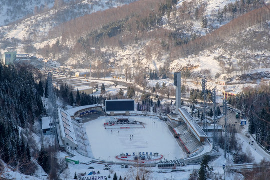 Medeo or Medeu - the highest ice skating rink in the world. Winter landscape.19.02.2020 Almaty, Kazakhstan