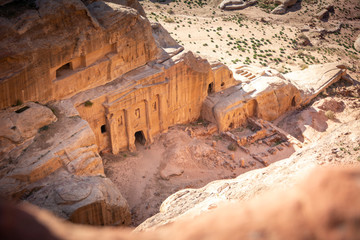 View on the Renaissance Tomb in Petra Jordan, on the High Place of Sacrifice Trail. View from above, valley deep down below