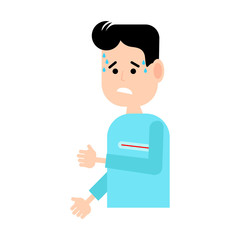 A man has a high temperature.Flat illustration.The man has sweat on his forehead.A thermometer in the armpit.Disease, virus, pandemic, coronavirus. covid-2019