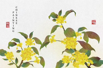Chinese ink painting art background plant elegant flower Sweet Osmanthus. Chinese translation : Plant and Blessing.