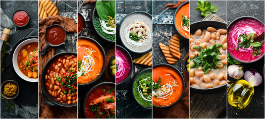 Photo collage. Set of soups. Colored cream soups. Top view.