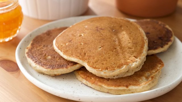 American buttermilk pancakes on plate. Serving pancakes