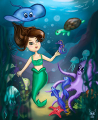 Obraz na płótnie Canvas Little cute mermaid on the sea bottom with marine animals. Hand drawn cartoon illustration for kids. Sea life concept. Design for children banners, posters, wallpapers. Fairy tale. 