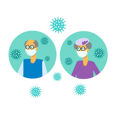 Old people characters in white medical face masks to protect from viruses and pollution. Grandparents and virus. Vector illustration flat.     Concept of coronavirus quarantine