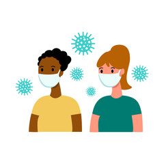 Girls of different races characters in white medical face masks to protect from viruses and pollution. Vector illustration flat Corona virus in China.  Concept of coronavirus quarantine