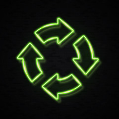 3d green neon 4 in circle arrows on black brick background. Zero Waste Reuse Recycle icon for web internet. Glowing light recycling symbol. Refresh reload pointer concept. Bright vector illustration.
