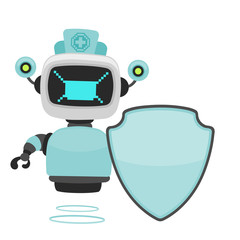 Naklejka premium Vector cute doctor robot with shield