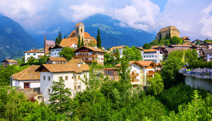 Panoramic view of Schenna town in South Tyrol, Merano, Italy - obrazy, fototapety, plakaty