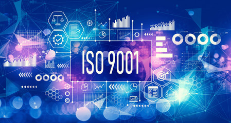 ISO 9001 concept with technology blurred abstract light background