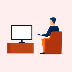 Man watches TV. Flat illustration in cartoon style. Vector.