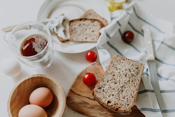 Bread and other foods on the breakfast table