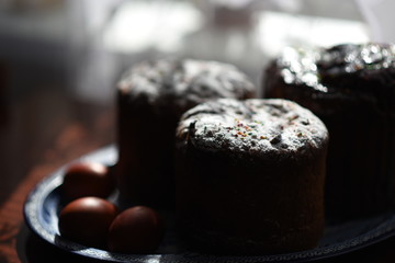 Easter cake and eggs on a dish