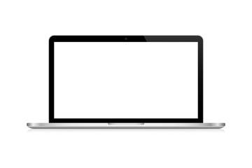 Laptop computer vector realistic illustration isolated on white background. Desktop mock up computer monitor. Realistic vector mockup on black backdrop.